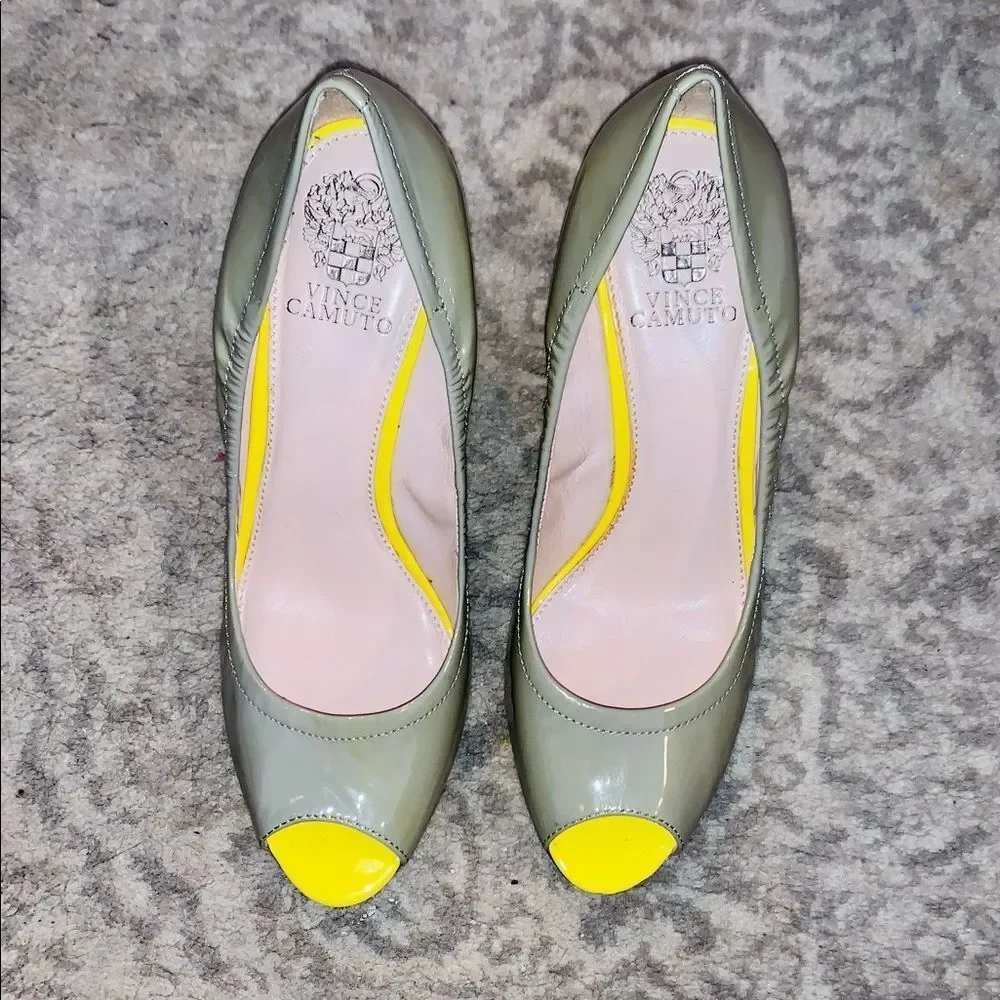 Vince Camuto Grey & Yellow Peek Toe Wedges